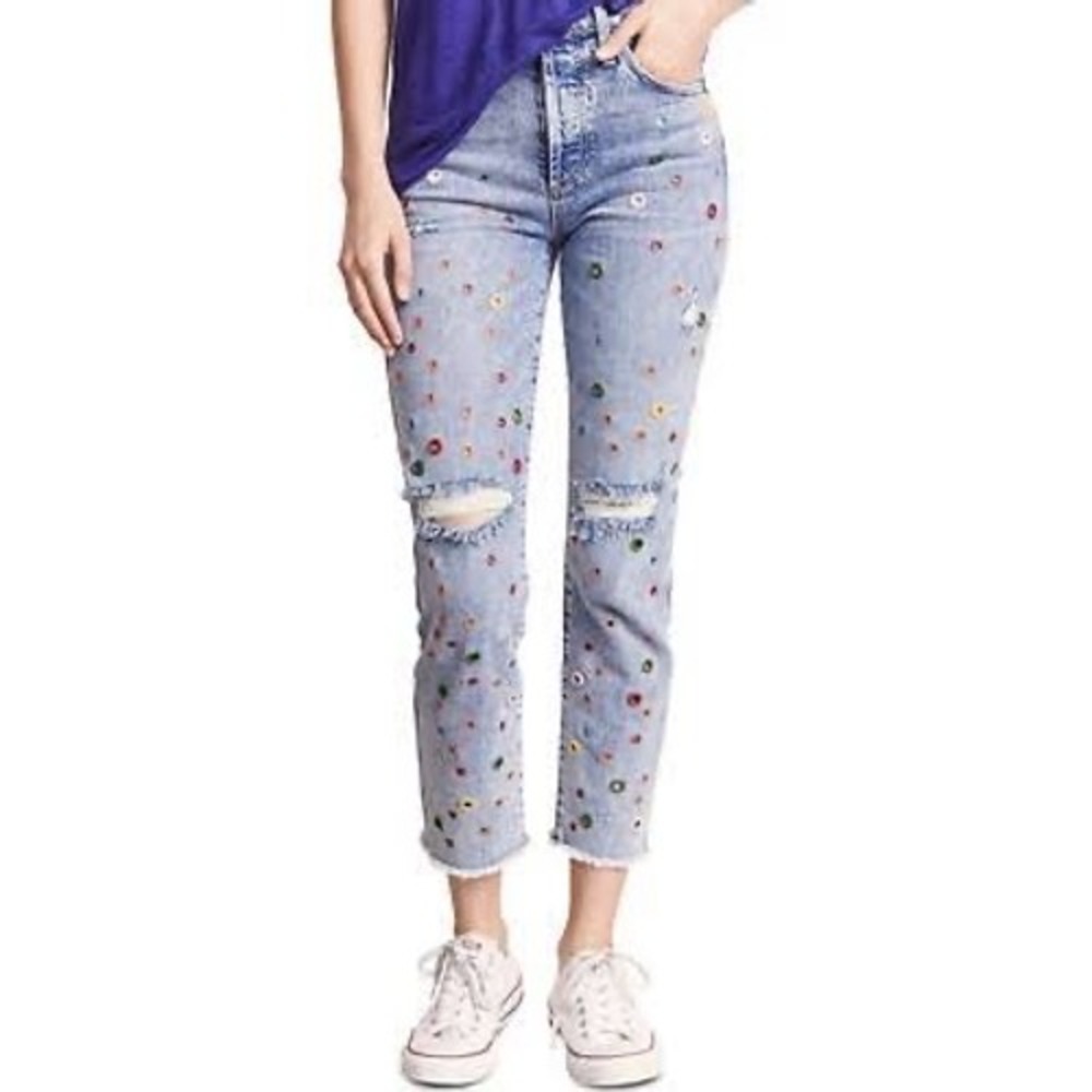 AO.LA Alice + Olivia Good High Rise Grommet Distressed Jeans Blue 26